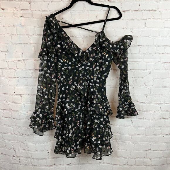 FRANCO black floral chiffon lined polka dot frill straps one shoulder dress S - Picture 1 of 9